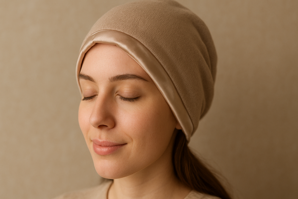 Woman wearing satin lined cap