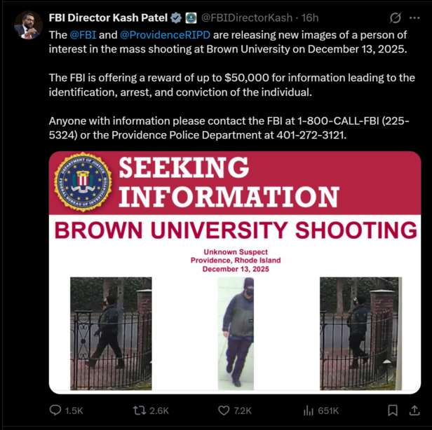 FBI Offers $50,000 Reward as Search Continues After Deadly Brown University Shooting