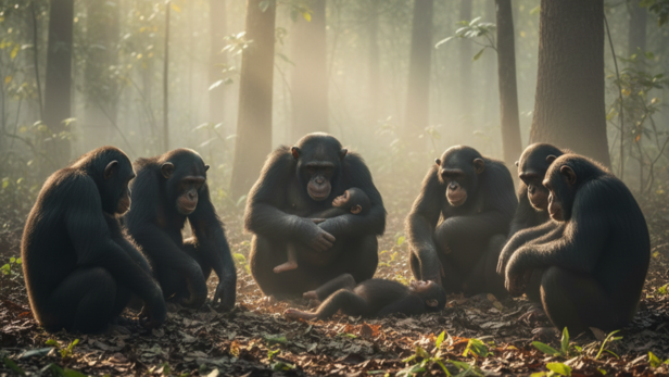 Chimpanzees Sits Silently Around a Deceased Infant Chimp