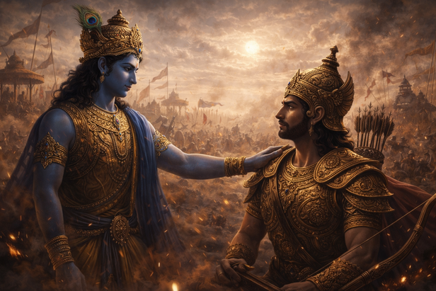 Krishna guiding Arjuna on battlefield
