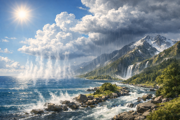 वाष्पीभूत जल अपना खारापन समुद्र में ही छोड़ आता है और घनीभूत होकर वर्षा जल के रूप में पृथ्वी पर गिरता है। तत्पश्चात नदियों द्वारा यह वर्षाजल फिर समुद्र में पहुँच जाता है और फिर वाष्प बनता है।