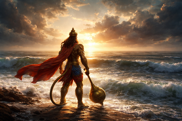 Hanuman standing beside ocean