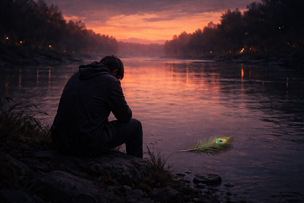 Person sitting on river bank