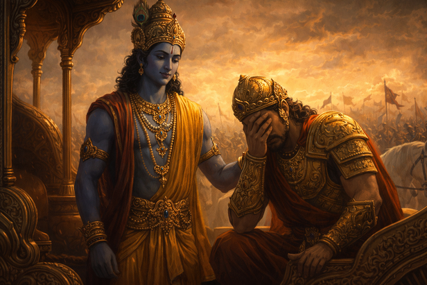 Krishna guiding Arjuna
