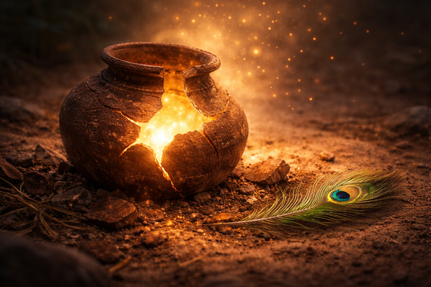 Broken pot with feather lying nearby