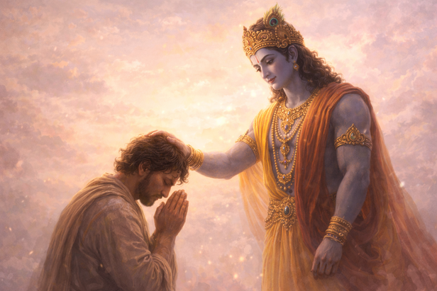Krishna blessing his devotee