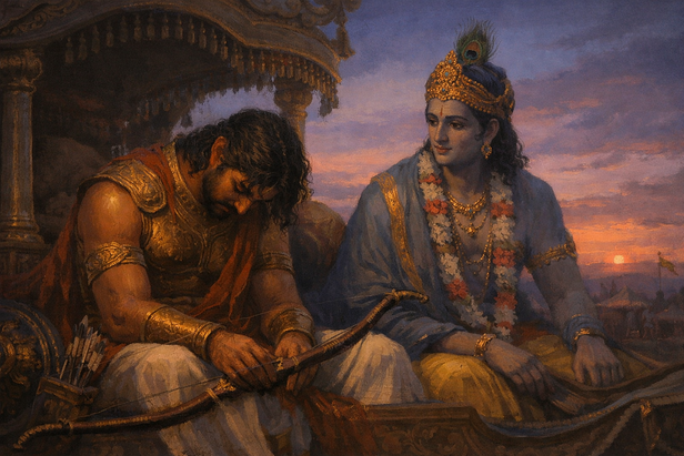 Krishna guiding Arjuna with head low