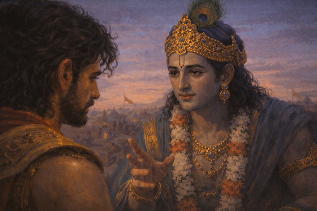 Krishna giving learnings to Arjuna