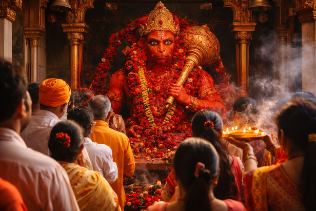 Hanuman's idol adorned with flowers