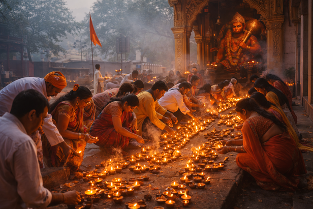 People lighting diyas infront of Hanuman's temple