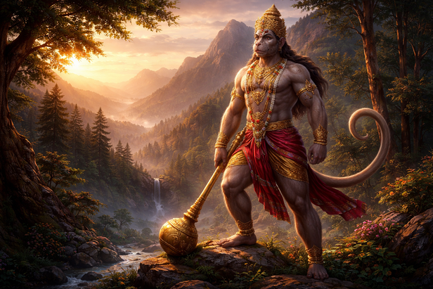 Lord Hanuman standing in forest.