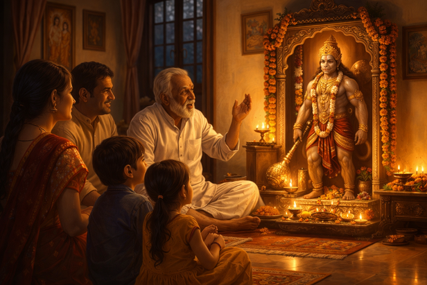 Grandfather telling stories to their children