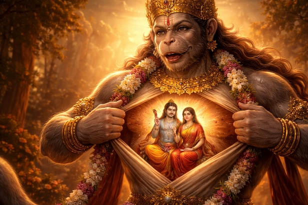 Lord Hanuman showing Ram and Sita in his heart