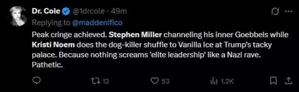 X | @1drcole | Social Media Reacts After Kristi Noem and Stephen Miller Are Spotted Dancing to Vanilla Ice