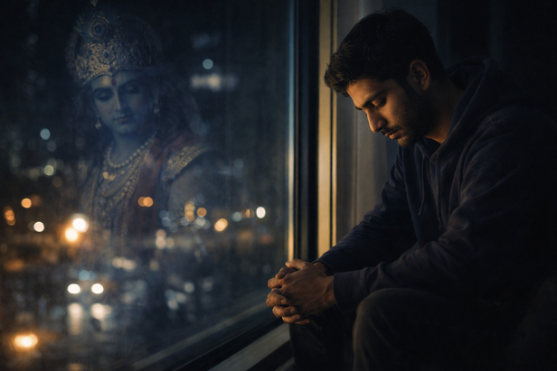 Person sitting with Krishna's reflection