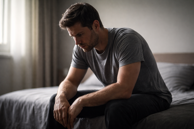 Person sitting with tensed shoulders