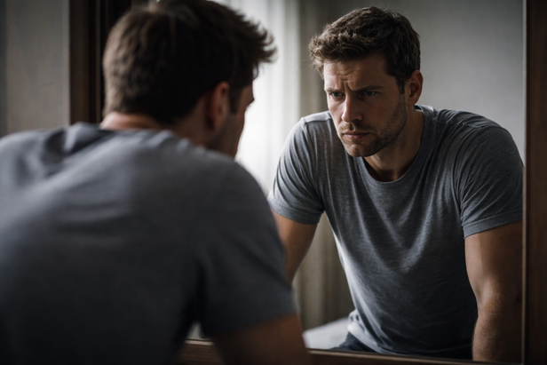 Contemplating expression in mirror