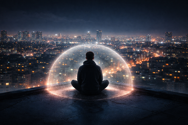 Lonely person sitting on a rooftop