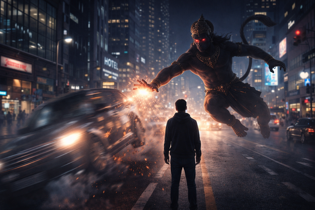 Hanuman protecting man from car accident