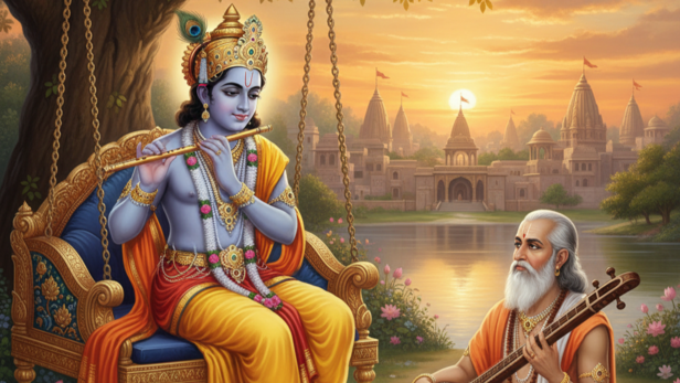 Lord Krishna Narrating the Story to Sage Narada (Image Credit: AI)