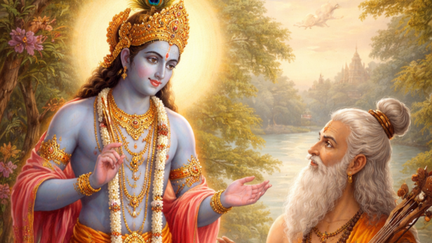 Lord Krishna Speaking to Sage Narada (Image Credit: AI)