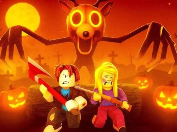 Halloween-themed 99 Nights in the Forest promotional artwork with forest creatures and pumpkins