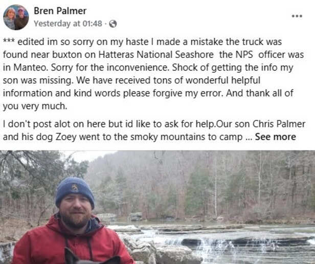 Facebook | @BrenPalmer | Search Continues for Missing Camper Chris Palmer