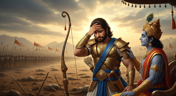 Arjuna in confusion on the battlefield