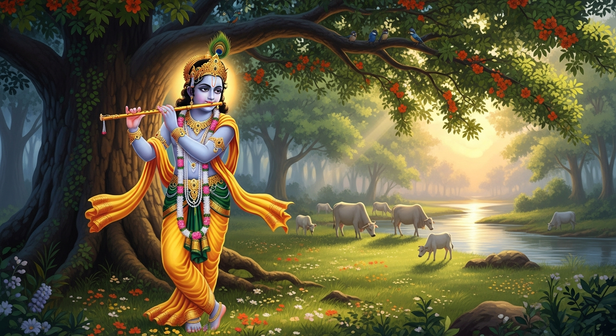 Krishna playing the flute in Vrindavan