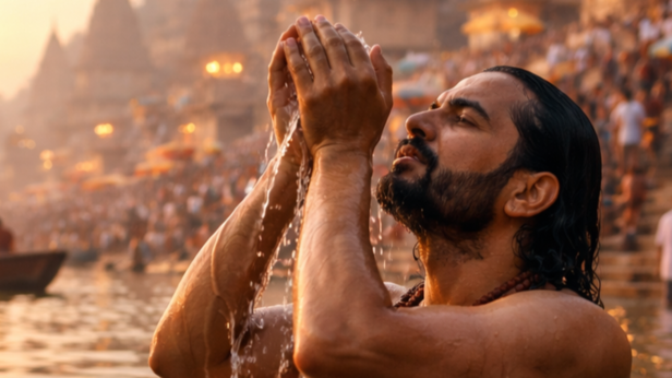 A Man Engaged in Holy Snan (Image Credit: AI)