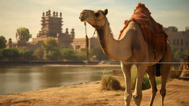 Camel walking on golden sand dunes