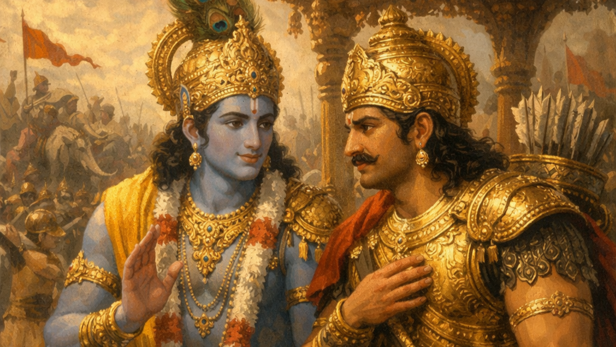 Lord Krishna Advising Arjuna (Image Credit: AI)