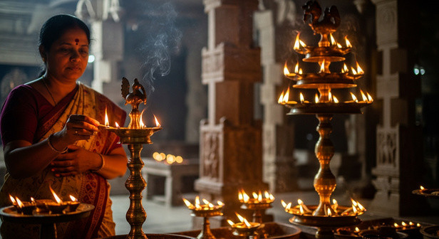 Lighting a lamp daily in the temple