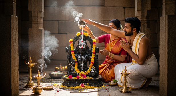 Pouring water on the Shiva Lingam
