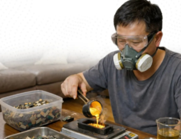 X| Chinese recycler demonstrates gold extraction from electronic waste.