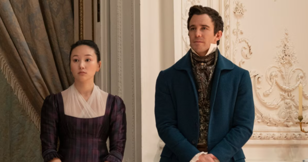 Netflix | Benedict and Sophie repeatedly find themselves alone in corridors, staircases, and quiet corners