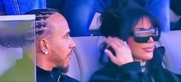 X| @EstagiariodaF1| Kim Kardashian and Lewis Hamilton caught on camera at Super Bowl 2026