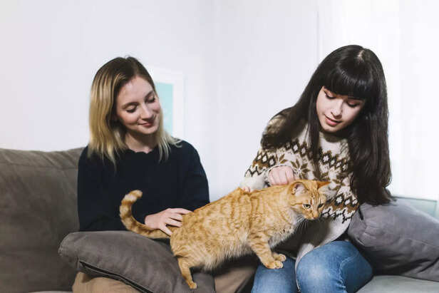 girls cuddling with cat