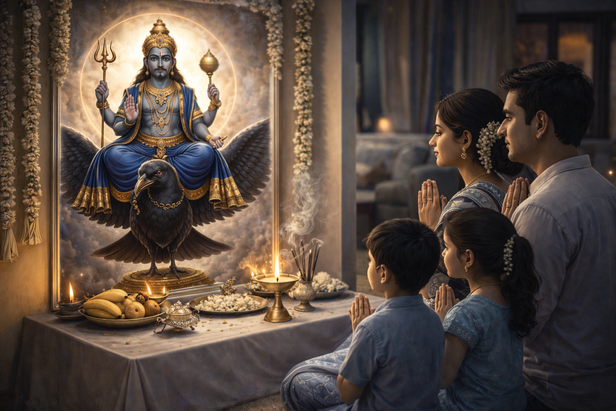 Family praying to Shani Dev at home