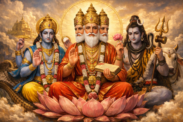 The Trimurti  Brahma, Vishnu, and Shiva together.