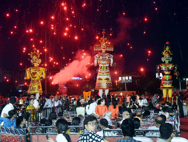 Nagpur, Oct 2 (ANI): Effigies of Ravana, Kumbhkaran, and Meghnath set ablaze dur...