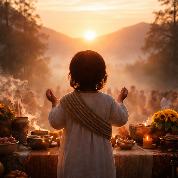 Child Facing the Rising Sun During Ceremony