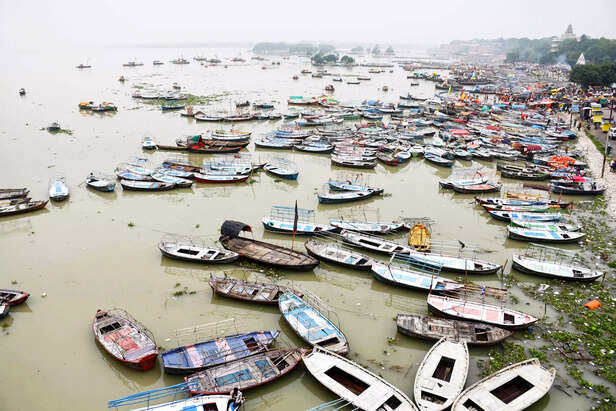 Prayagraj, July 15 (ANI): Boats stationed on the banks of the Ganga River after ...