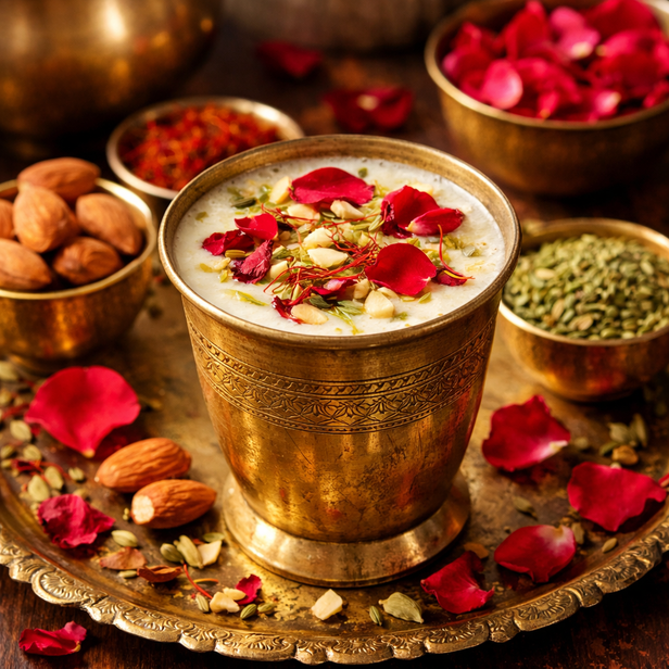 A Clay Glass of Thandai Topped with Dry Fruits