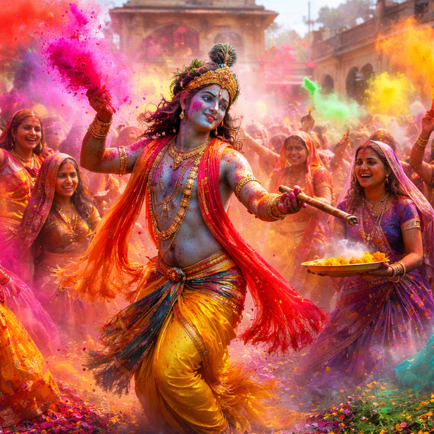 ​Krishna Playing Holi in Vrindavan