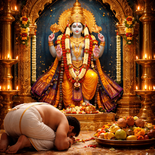 Devotee Bowing Head in Front of a Deity