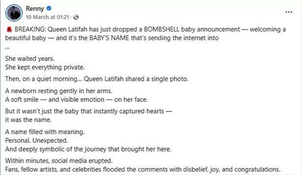 Facebook | @Renny | Is Queen Latifah’s Viral Baby Announcement Real or Fake?