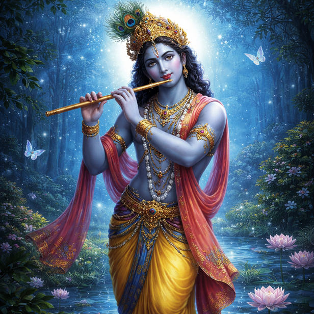 Krishna playing flute in lush blue background