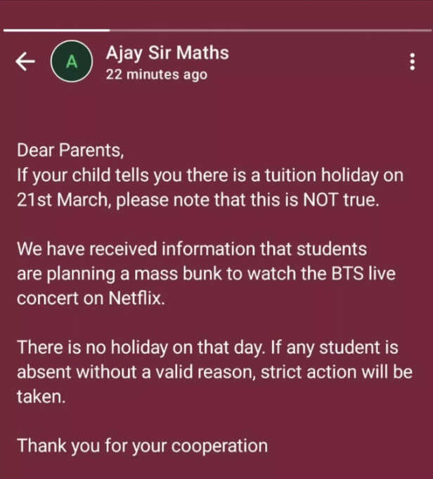 X/@jade4eachother | Teacher's viral warning about students planning mass bunk for BTS livestream.