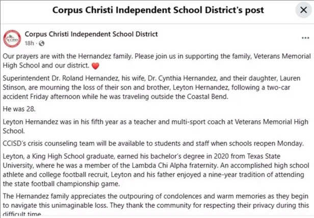 Facebook | @CorpusChristiIndependentSchoolDistrict | Community Grieves Death of CCISD Superintendent’s Son and Dedicated Educator